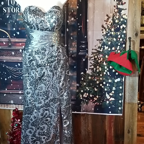 Silver Sequin gown with Satin Cinched Waist and Cr - Picture 3 of 11